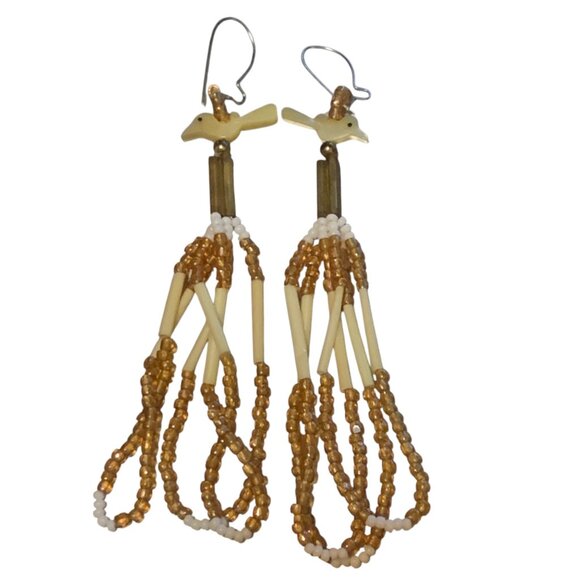 Vintage Zuni Fetish Bird Dangle Earrings Handmade Beaded Gold & White - Picture 1 of 6